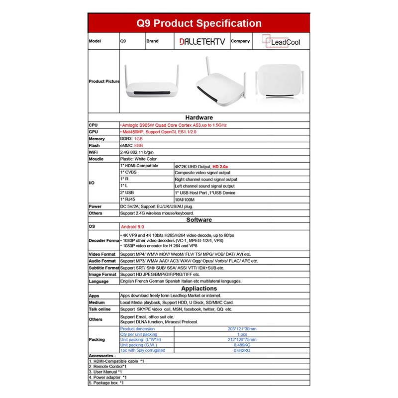 Q9 S905W Android TV Box Player 4K H.265 IPTV Box 1080P - leadcool